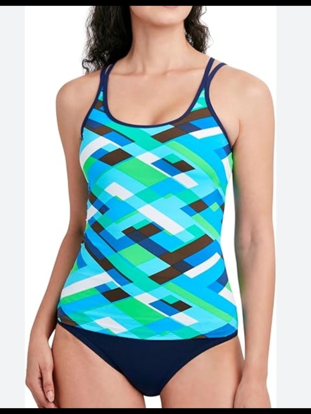 Nautica NWT Blue,Green,White Geometric Padded Adjustable Strap Tankini Top Sz Sm